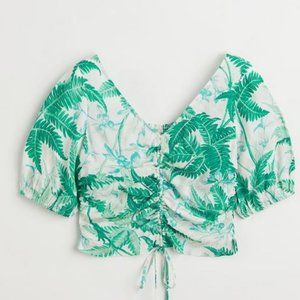 H&M V-neck drawstring tropical top green
